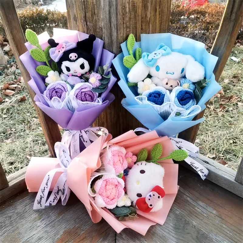 Graduation gift Kuromi Hello Kitty Kuromi Cinnamoroll Plush Bouquet Handmade Knitting Rose Gift Mothers Day Girl Friend Giftsw250605