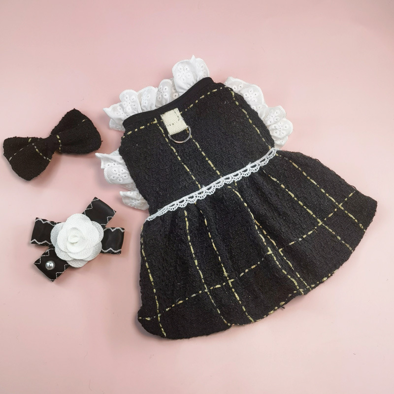 Cute Dog Dress Clothes for Small Dogs Cats Girl, Plaid Bow Tie Dog Harness Dresses with Pearls Bow Accessories Birthday Puppy Dress Yorkies Chihuahua 
