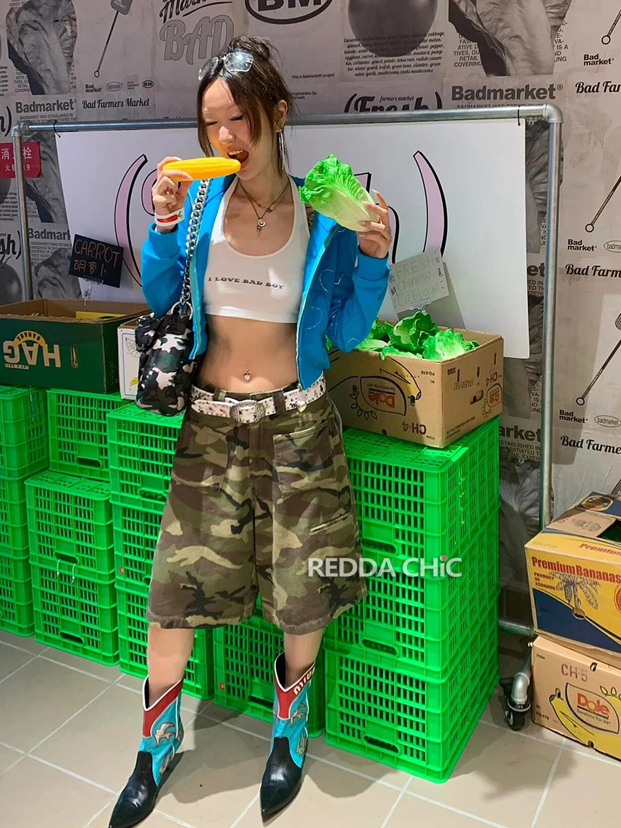 REDDACHiC 90s Retro Camouflage Baggy Jorts Women Loose Casual Denim Shorts High Waist Wide Leg Cargo Pants Grunge Y2k Streetwear 250604
