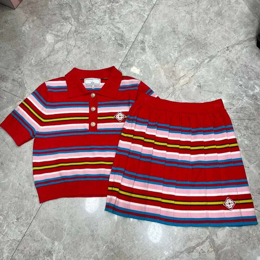 2025 Summer Women 2 Piece Set Polo Neck Pearl Button Shorts Crop Tops+Mini Skirts Contrasting Stripes Retro Streetwear Outfits