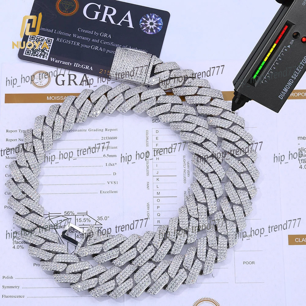 Moissanite Womens Chunky Necklace 3 Row Stone 925 Sterling Silver VVS Moissanite Diamond Prong Cuban Link Chain Hip Hop Jewelry