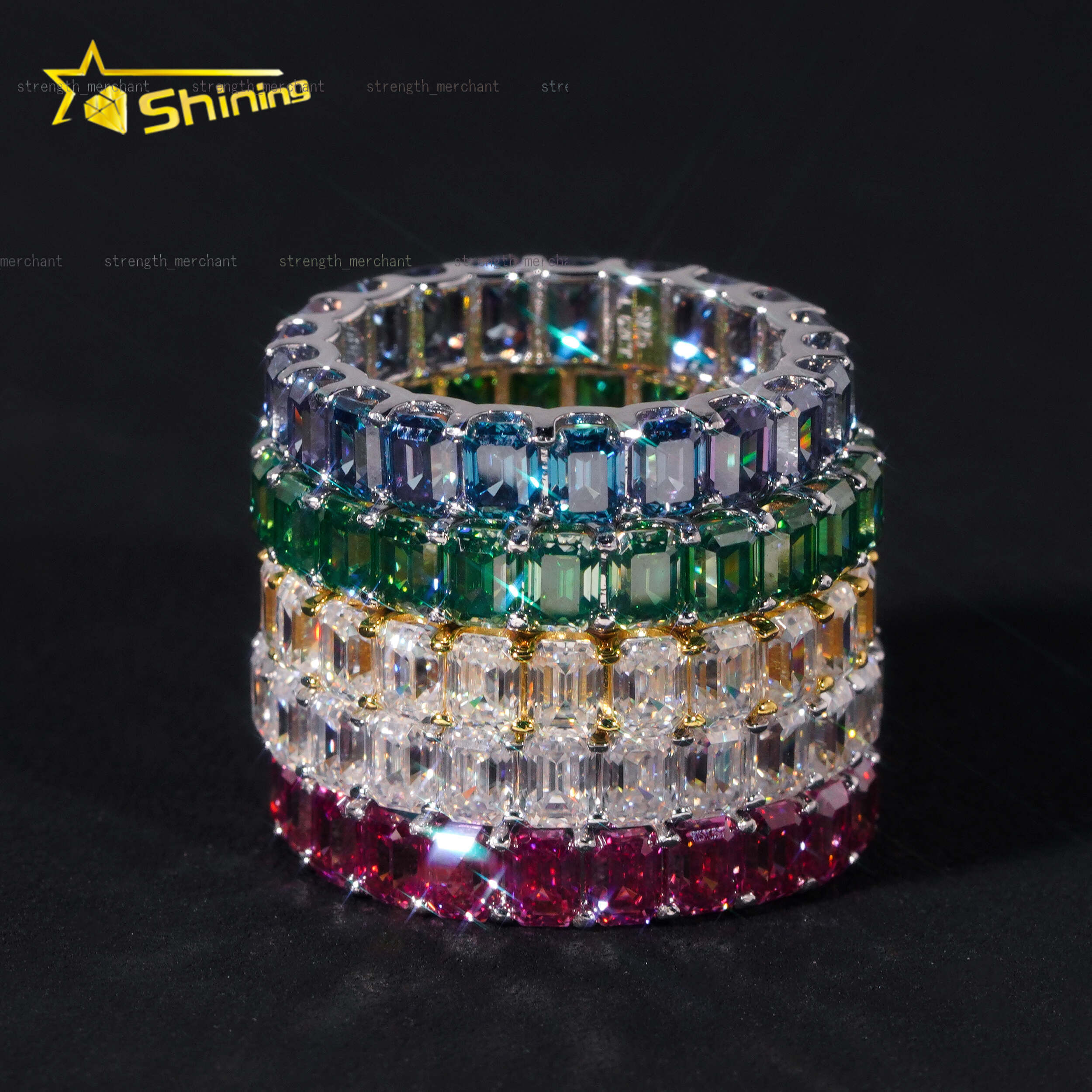 S925 Silver Emerald Cut VVS D Color Eternity Colored Moissanite Diamond Fine Jewelry Enterity Wedding Ring for Men Women