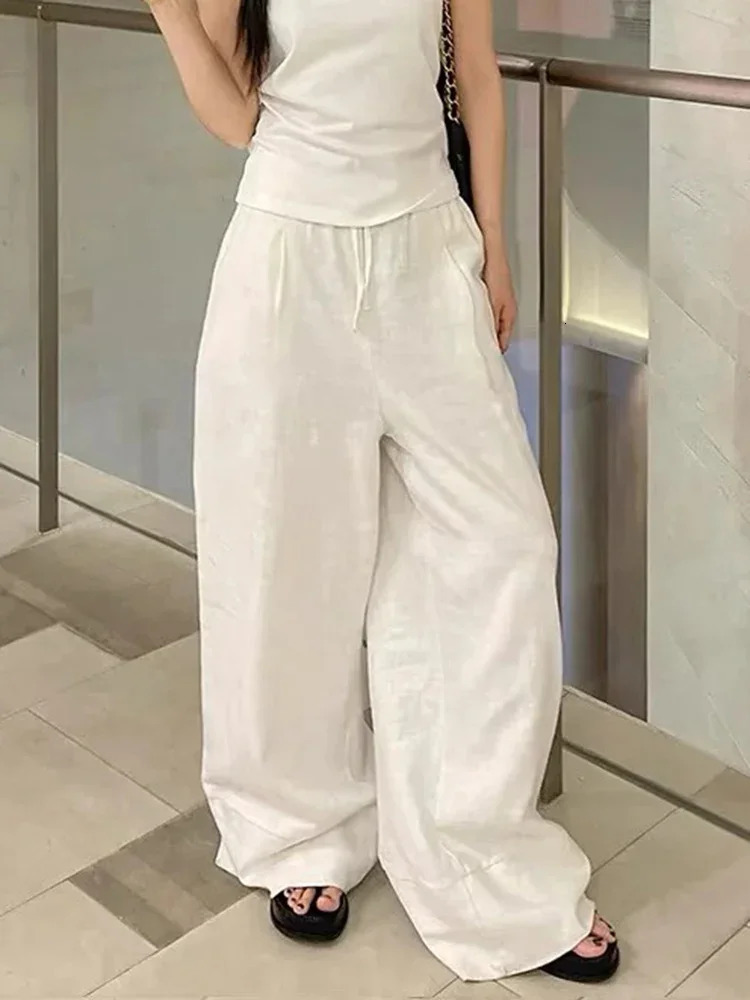 Simple Solid Color Lazy Style Drawstring Loose Wide Leg Pants Retro Fashion High Street Elastic Waist Womens Casual Pants 250604