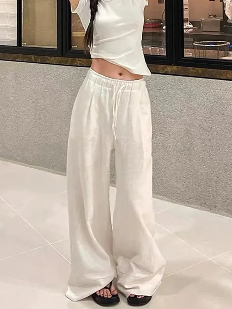 Simple Solid Color Lazy Style Drawstring Loose Wide Leg Pants Retro Fashion High Street Elastic Waist Womens Casual Pants 250604