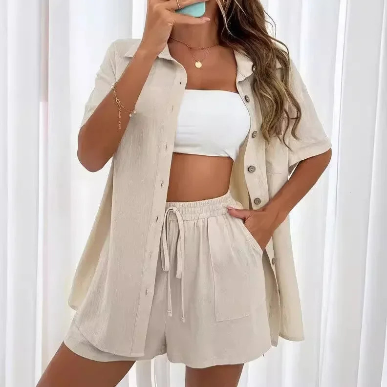 2024 Fashionable Casual Shorts TwoPiece Suit Loose Fit SingleBreasted Shirt Solid Colors Versatile Womens Wardrobe 250605Z