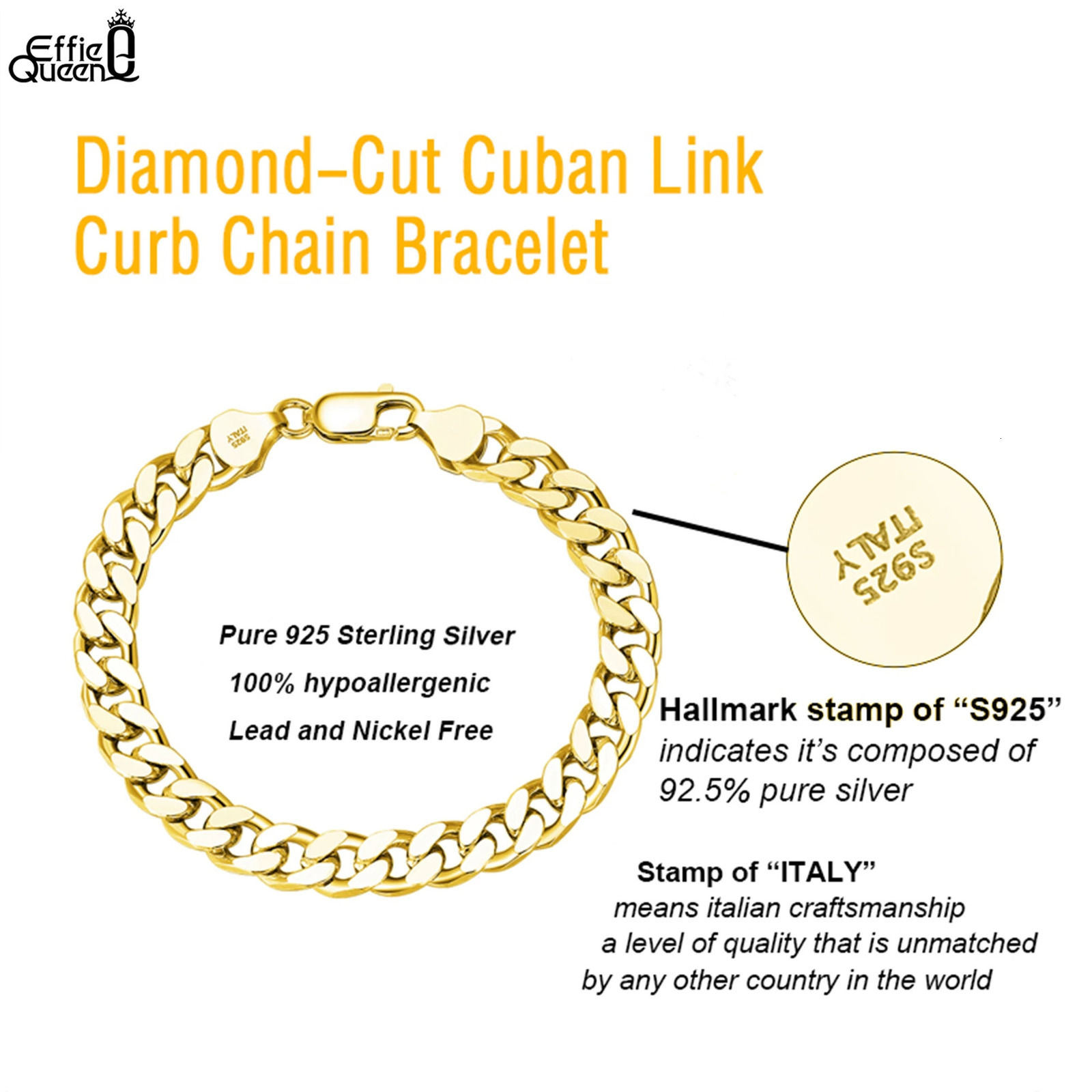 EFFIE QUEEN 5mm 925 Sterling Silver Diamond-Cut Cuban Curb Link Chain Bracelet Men Women Jewelry Minimalist Style Gift SB105 250530