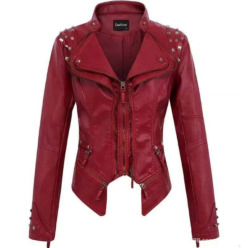 Spring and Autumn Women's New Lapel Rivets Decorated Waist Short Washed PU Leather Jacket