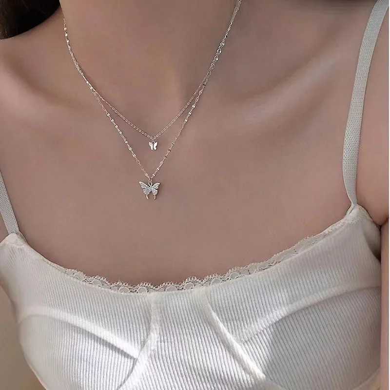 Women Shiny Butterfly Necklace Fashion Double Layer Pendant Cross Choker Neck Chain Light Luxury Clavicle Chain Party Jewelry XJ250604