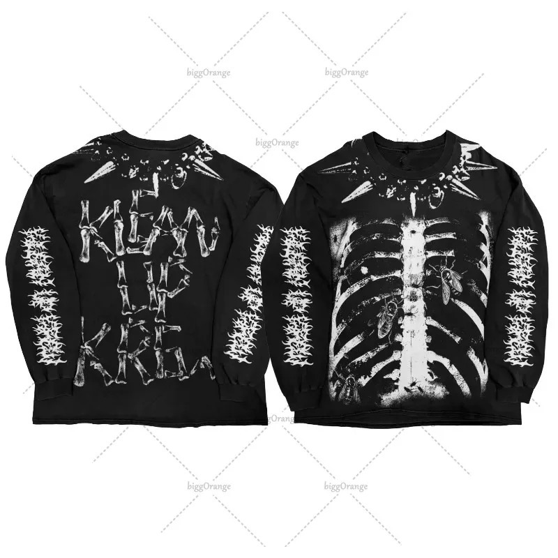 Gothic Harajuku Y2K Streetwear Graphic Top Men Vintage Retro Skeleton Round Neck Long Sleeve Hip Hop Casual Pure Cotton Tshirt 250605