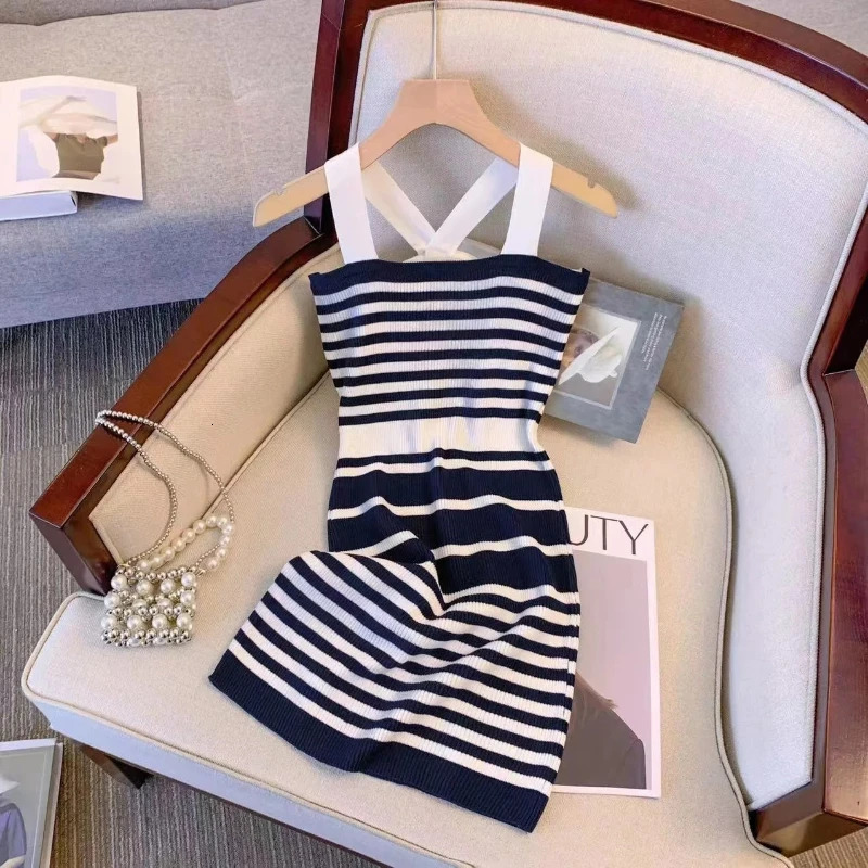 Woman Halter Sleeveless Bodycon Dress Womens Slim Temperament Striped Mini Dresses Summer Knit Fashion Dress 250604