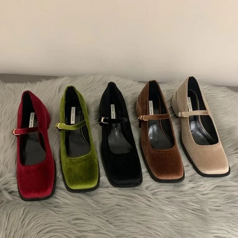 Spring Autumn Womens Party Shoes Medium Heel Retro Square Toe Velvet Mary Jane Shoes Flat Square Buckle Single Loafers 250604