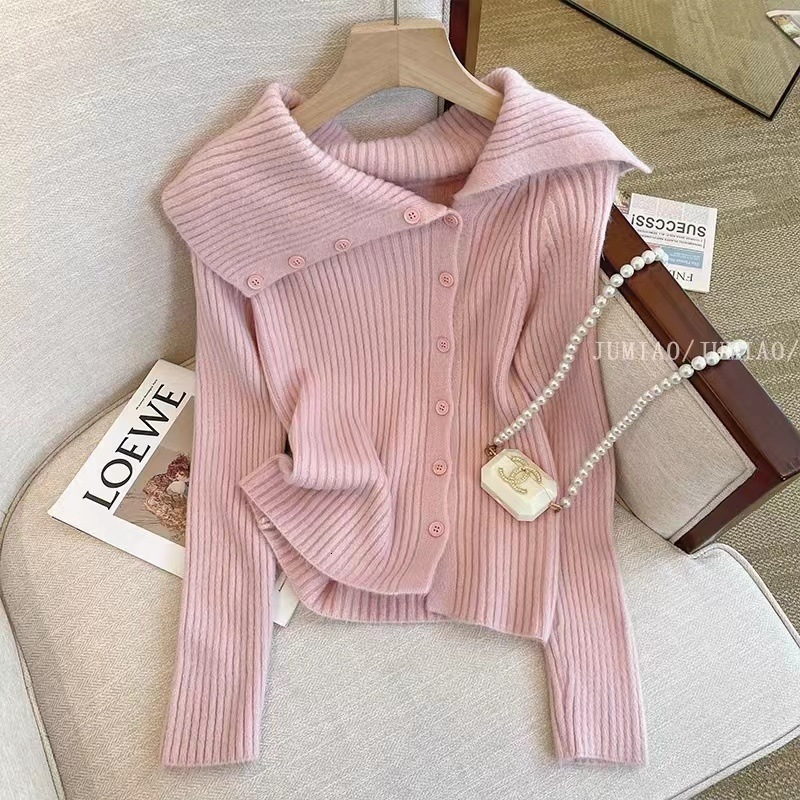 Irregular Collar Knit Cardigan for Women 2025 Spring and Autumn New French Style Off-Shoulder Slimming Long Sleeve Top