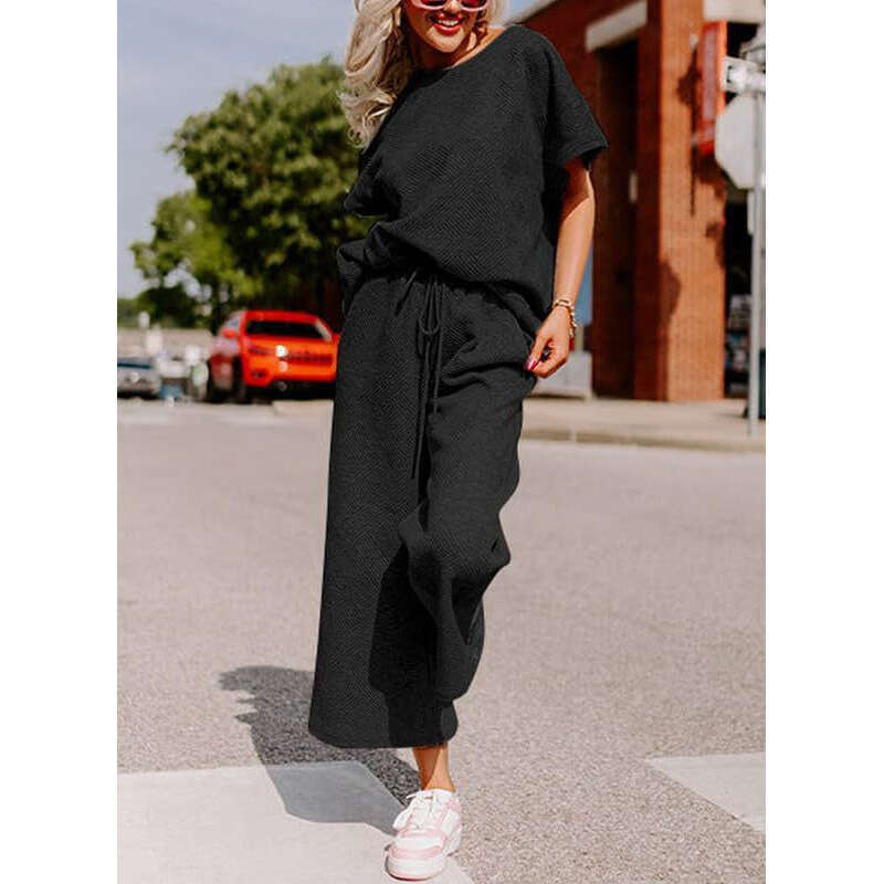 Autumn New Loose Simple Solid Color Casual Textured Drawstring Sports Two-Piece Set For Women B5