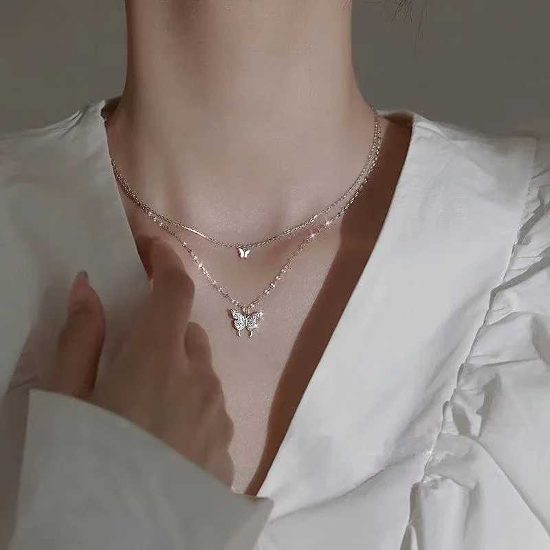 LATS New Shiny Butterfly Necklace Ladies Exquisite Double Layer Clavicle Chain Necklace Jewelry for Ladies Gift XJ250604