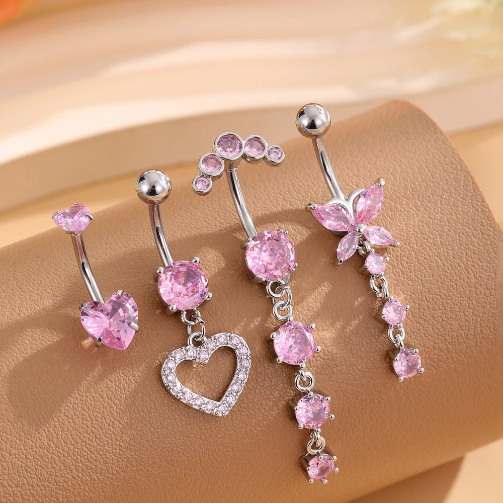 Butterfly Heart-shaped Belly Button Ring Sets Stainless Steel CZ Belly Rings Piercing Ombligo 14G Pink Zircon Navel Piercings 250530