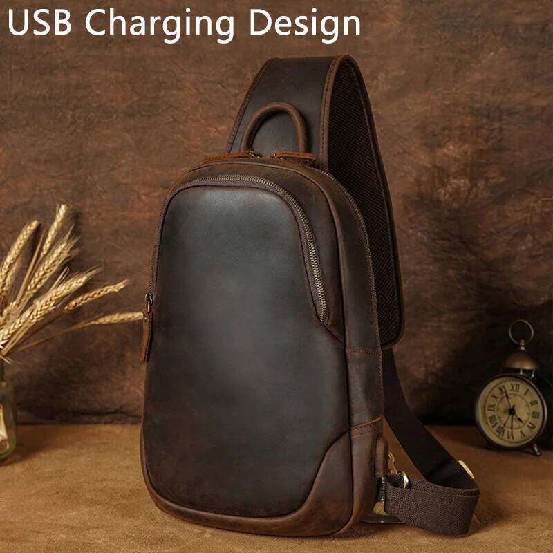 Luufan USB Charging Mans Pack Fit 12" Ipad Genuine Leather Sling Sports Riding Chest Male Shoulder Travel Bag 2025/06/05