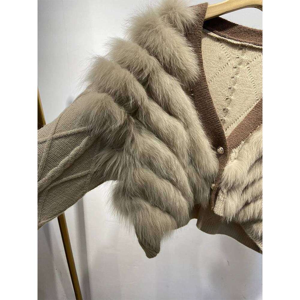 2024 Autumn Women Khaki Fox Sweater Real Fur Spring Special Design Knitted Jacket Wear