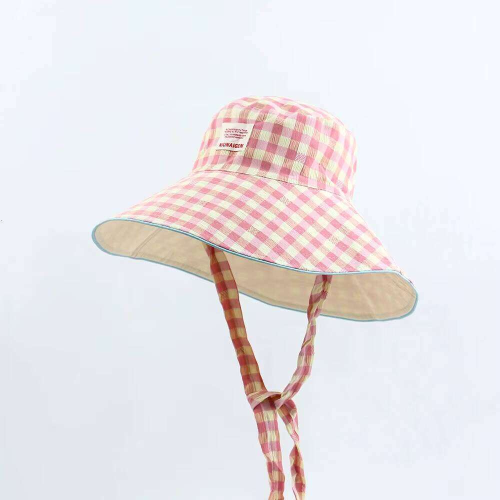Reversible summer outdoor sun for traveling, lace-up plaid bucket hat, women's large brim, foldable sunshade hat