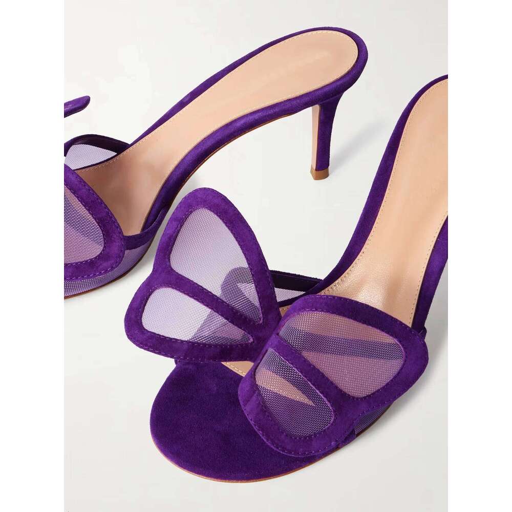 Sexy Mesh Purple Butterfly High Heels Mules Summer New in Suede Women's Slippers Design Party Causal Dress Shoes