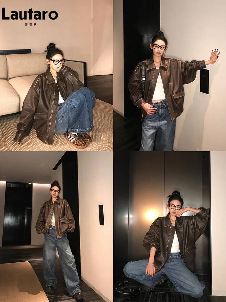 2025 Lautaro Spring Autumn Cool Handsome Retro Oversized Distressed Brown Soft Faux Leather Jackets For Women Zipper Runway Fashion