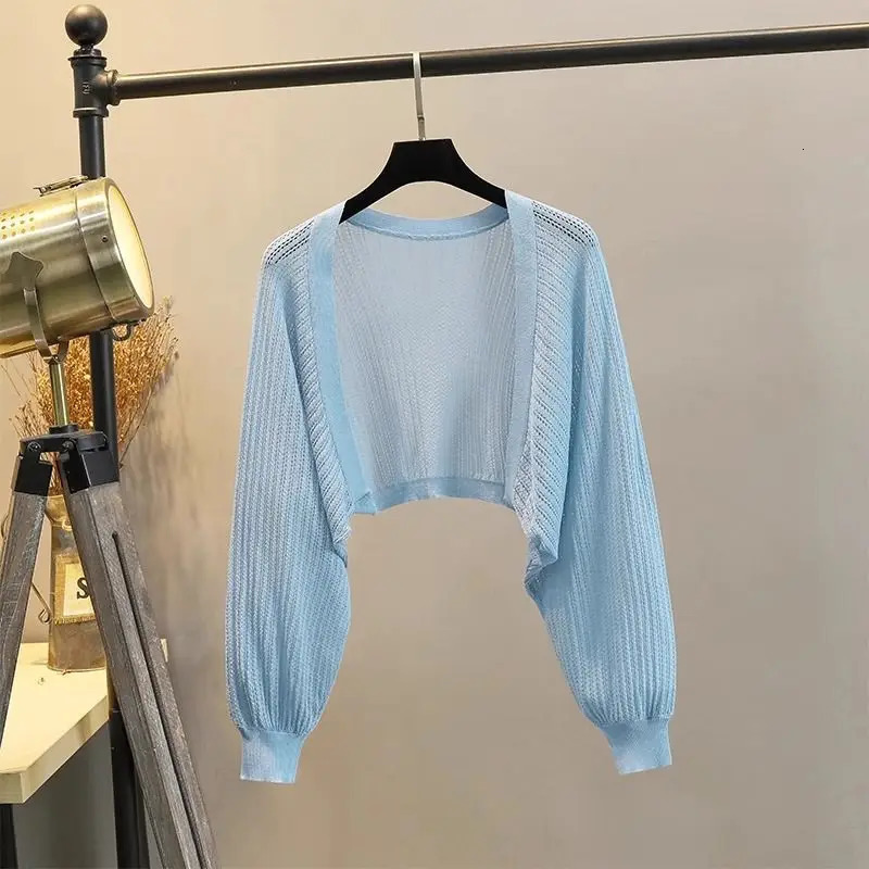 Lantern Sleeve Ice Silk Knitted Cardigan for Women Summer Thin Loose Fit Outerwear with Slip DressSun Protection CoverUp 250530