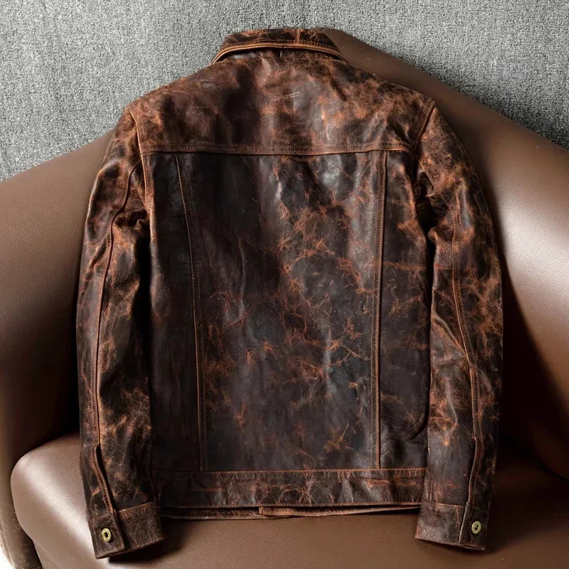 Style Heavy Oil Wax Top Layer Tea Core Horse Leather Short Section Slim Mens Genuine Leather Jacket Retro Coat 250530