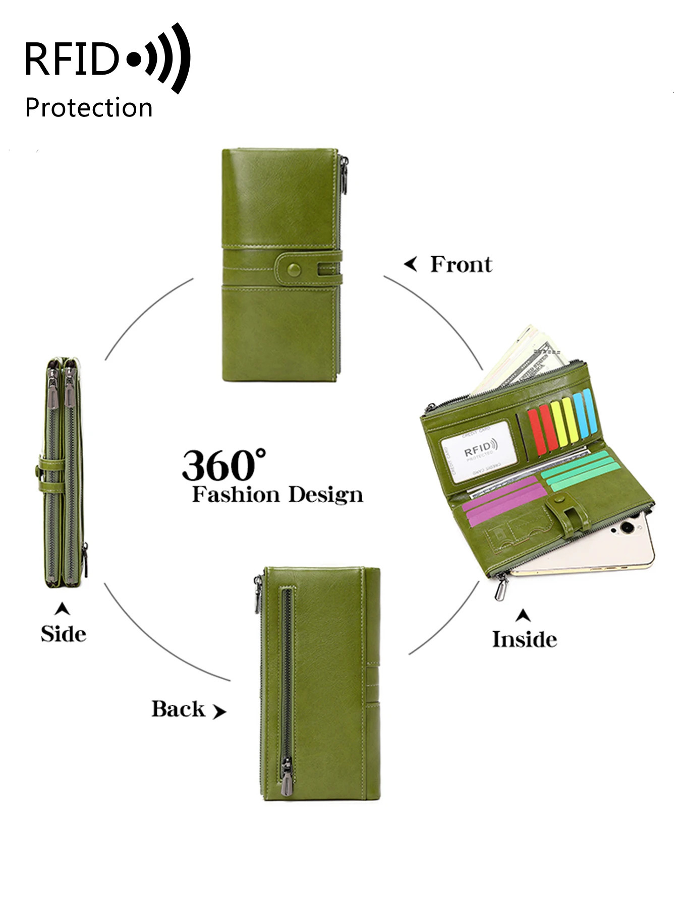 selling RFID womens long wallet PU leather handbag with multiple card slots coin zipper mobile 250605