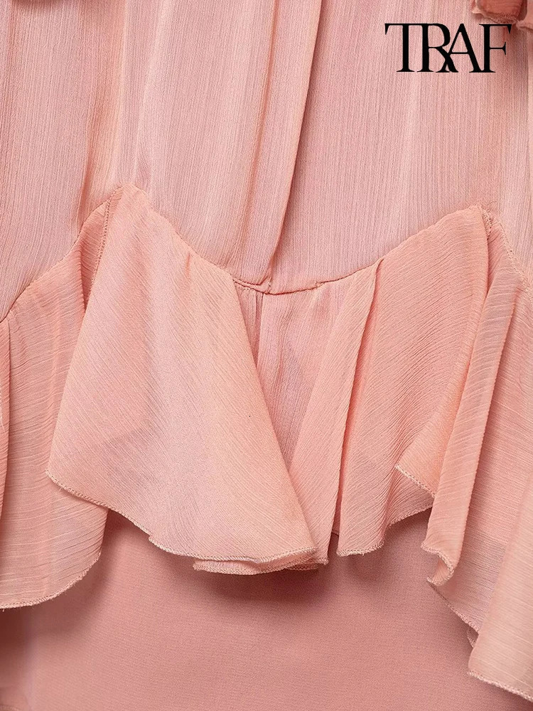 TRAF Womens Fashion Elegant Pink Stacked Embellished Halter Dress Sexy Slim VNeck Sleeveless Back Zipper Short Dresses 250604