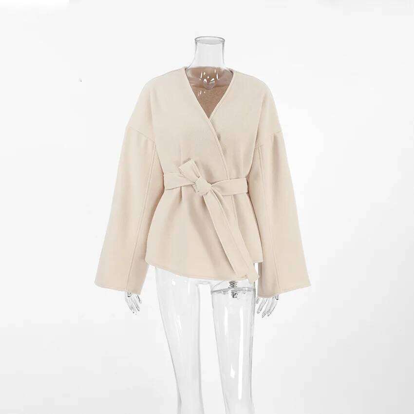 Coats Designer Women Fashion Solid Lace Up Coat For Women Elegant V-Neck Long Sleeve Jacket 2024 Autumn Winter New Lady Street Outerwear Clothes Desig