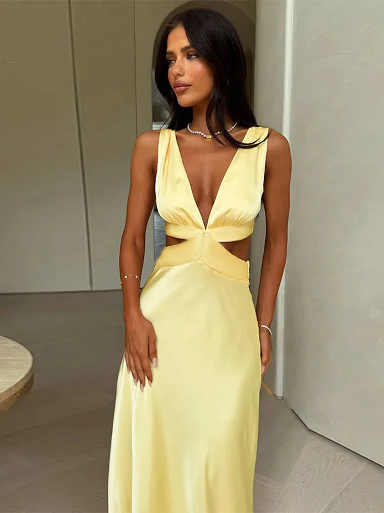 2025 Summer Women Yellow Stain Maxi Dresses Elegant Sling Backless Hollow Out V-neck Sleeveless Gown Beach Wedding Vacation Wear 250604