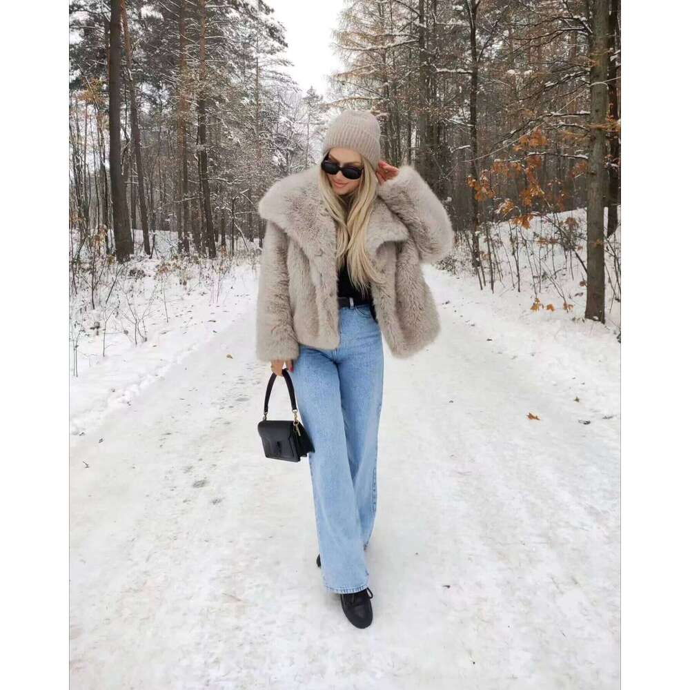 TRA&F 2024 Woman Autumn Winter Faux Fur Plush Fluffy Women's Jacket New in Outerwears Gray Black Wool Blends Women Coat
