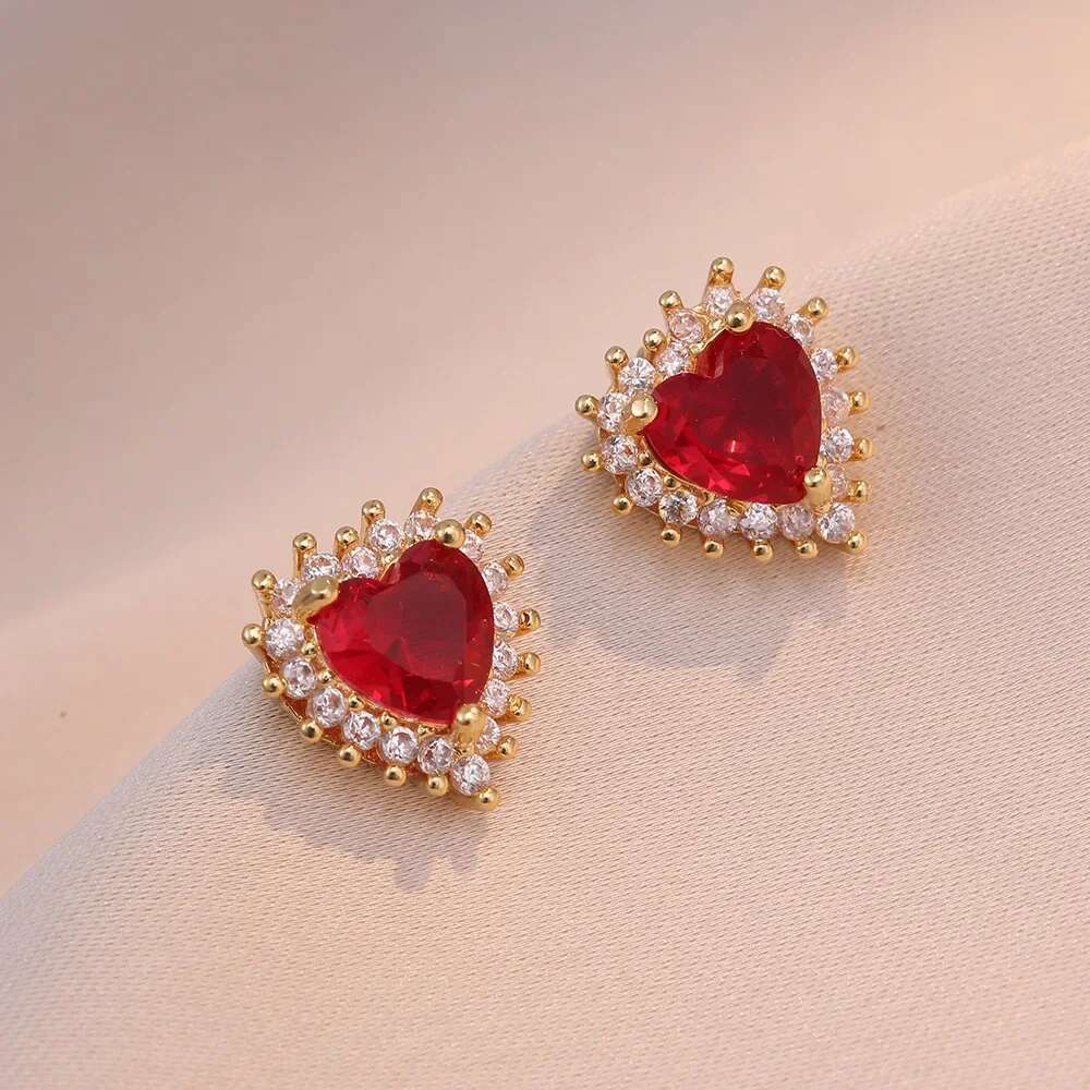 Sweet Romantic Love Studded With Zircon Ruby Earrings Ring Necklace Stainless Steel Accessories