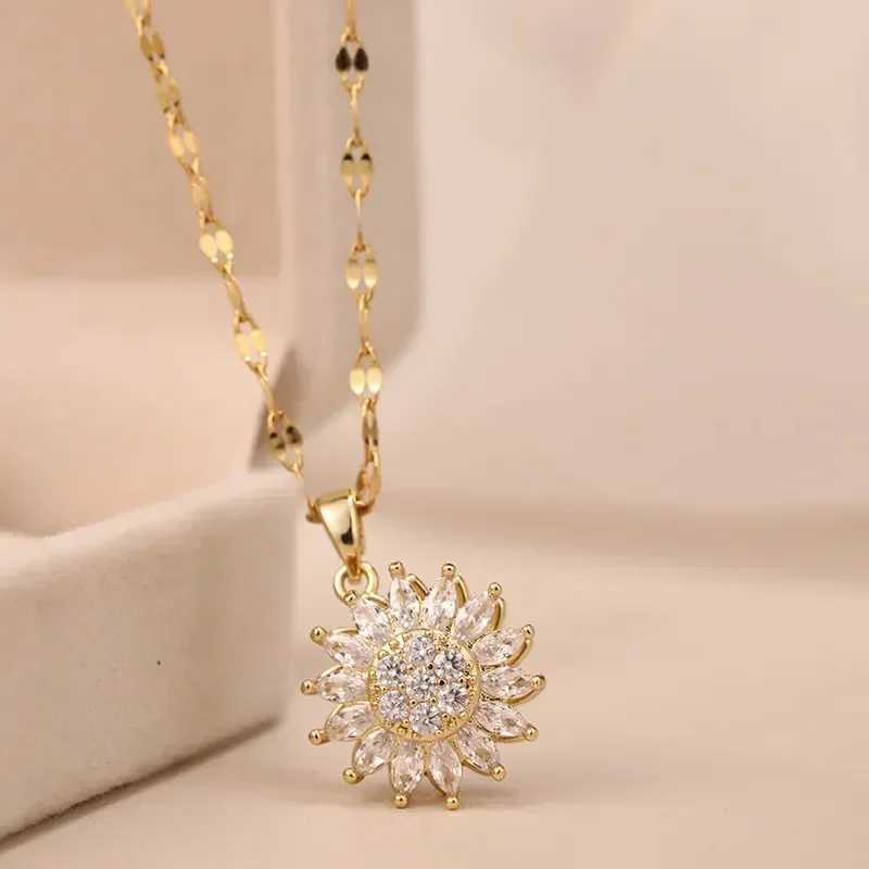 Double-layer Rotatable Sunflower Necklaces For Women Girl Chain Choker Stainless Steel Jewelry Accessories XJ250604