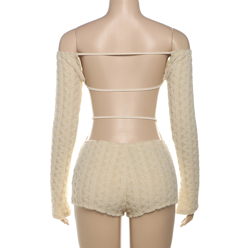 Backless Romper Women Knit Thin Fall Slash Neck Full Sleeve Hipster Playsuit Street Workout Activity Shorts Overalls