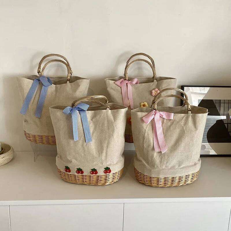 Grass Linen Patchwork Women Designer Rattan Woven Bag Large Capacity Portable Leisure Tote Girls Beach Shopping Basket