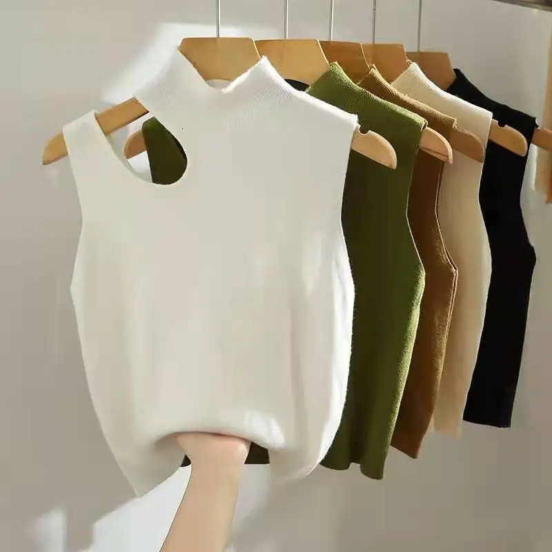 AOSSVIAO 2025 Hollow Out Pullover Knitted Tank Top Summer Fall Slim Sweater Sleeveless Solid Half High Collar Sweaters 250530