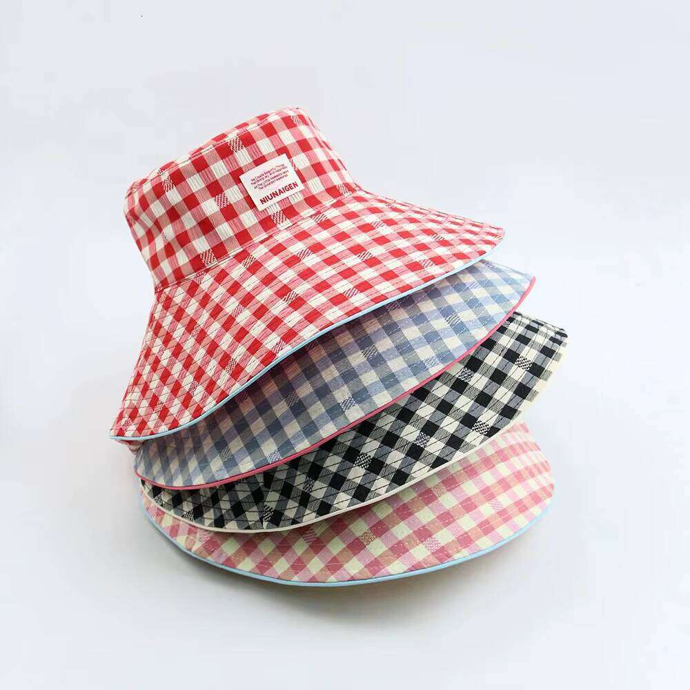Reversible summer outdoor sun for traveling, lace-up plaid bucket hat, women's large brim, foldable sunshade hat