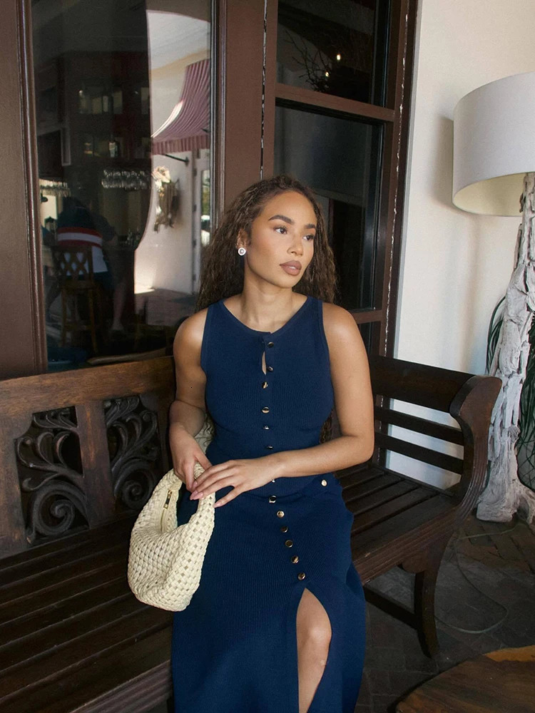 Elegant Knitted Long Dresses Women Summer O Neck Sleeveless Single Breasted Pockets Bodycon Dress Fashion Office Lady Robes 250604