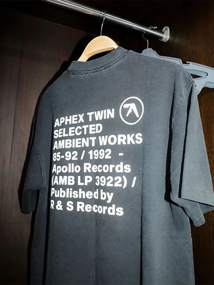 Men T-Shirt Aphex Twin Washed Black Print Cotton Graphic Oversized Korean Fashion Short Sleeve Tops Tees Y2k Streetwear Clothing 250605