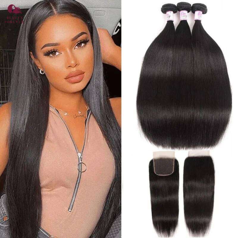 Beautyforever Grade 12A Straight Bundles Brazilian Unprocessed Human Hair Weft With 4x4 Lace Closure