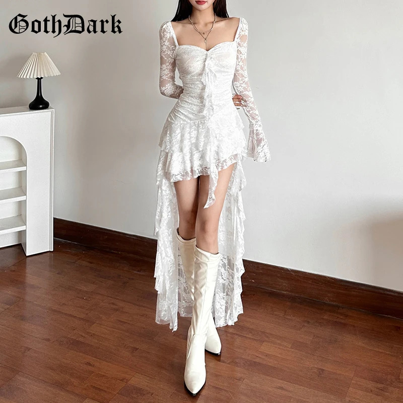 Goth Dark Fairycore Lace Flare Sleeve Square Neck Aline Dress Sweet Egirl Irregular Long Hem Dresses Cyber Y2K Party Vestido 250526