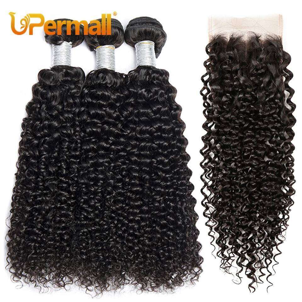 Upermall 3/4 Brazilian Remy Kinky Curly Human Hair Bundles With HD Transparent 4x4 Lace Closure and Weave Extension Soft