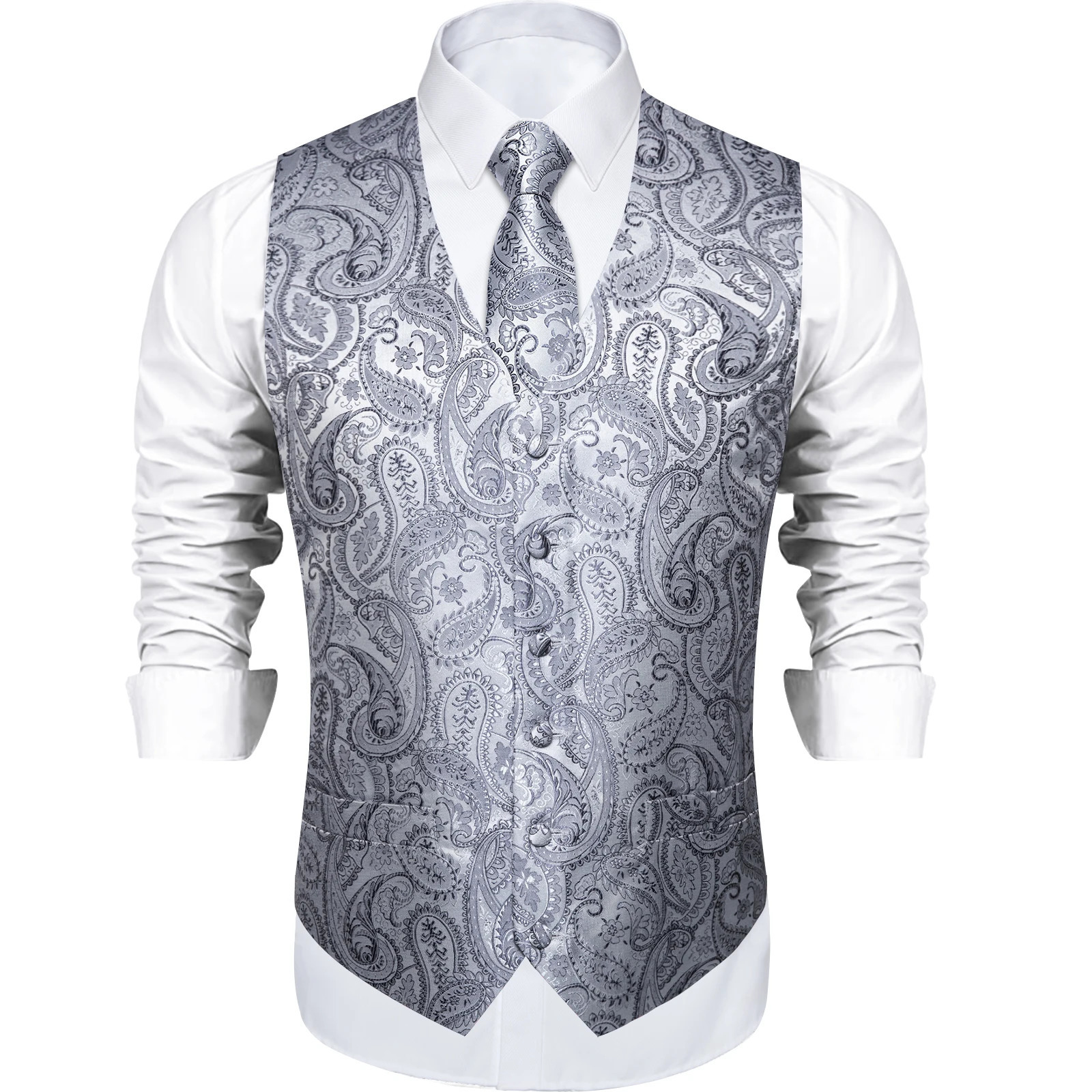 Suit Vest Neck Tie Set Silver Color Black Red Paisley Mens Wedding Prom Silk Polyester Waistcoat Elegant Sleeveless Jacket 250605Z
