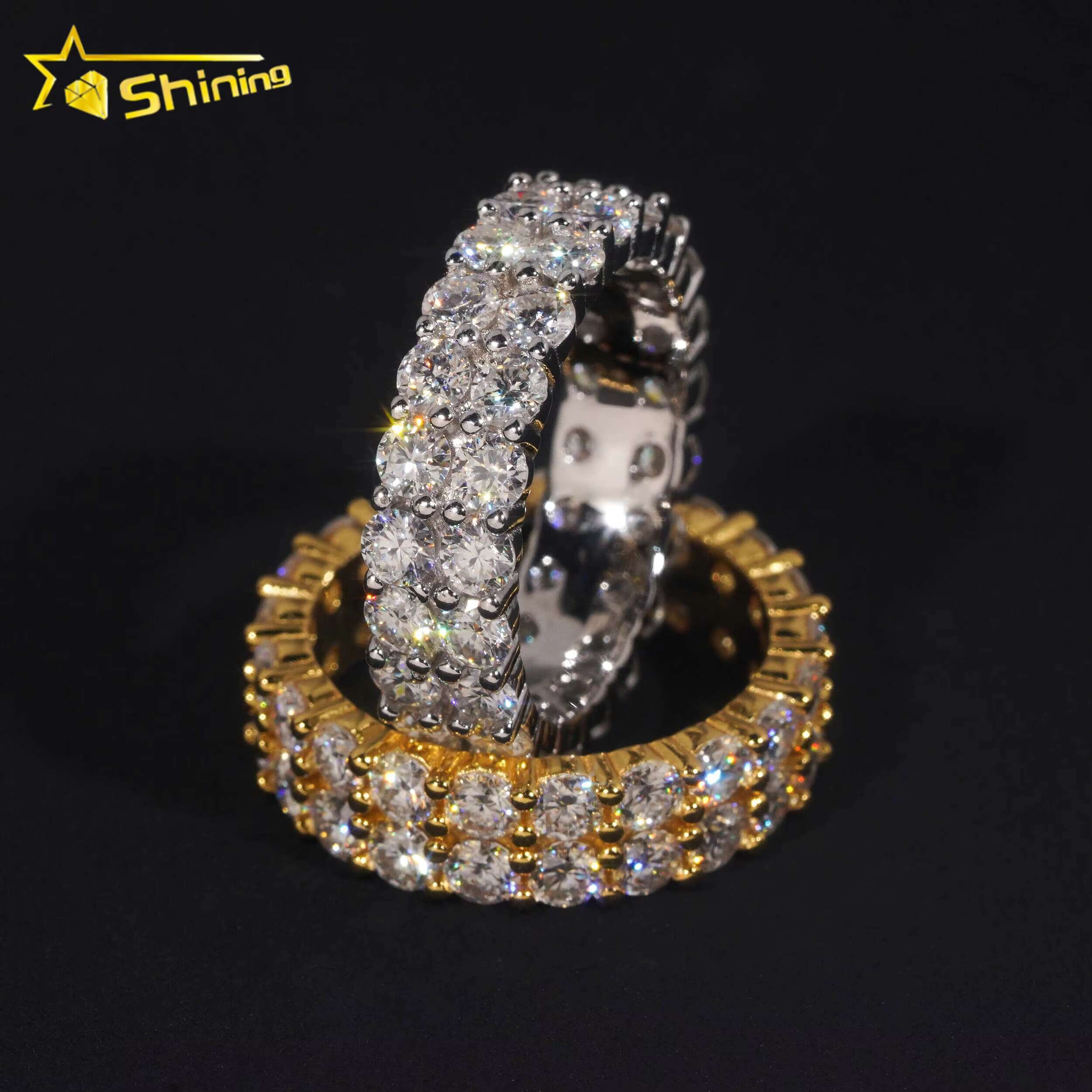 Fine Jewelry GRA Solid 925 Sterling Silver Gold Plated Iced Out Diamond Moissanite Fully Iced Double Rows Wedding Band Ring