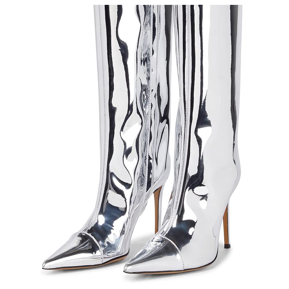 Arqa Metallic Boots for Women Pointed Toe High Stiletto Heel Knee High Boot Fashion Chrome Zipper Boot Dressy Party Shoes