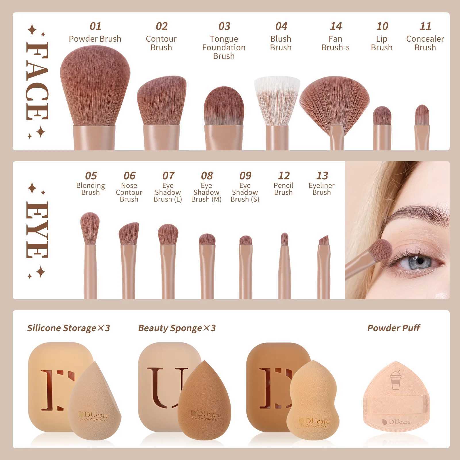 DUcare 14Pcs Coffee Makeup Brush Set with Sponge Foundation Blending Face Powder B Eyeshadow Brushes Valentine Christmas Gift W250605
