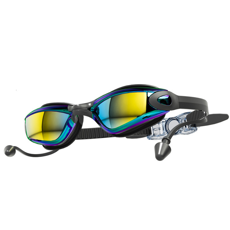 Adult Model Unisex HD Waterproof Anti-Fog Electroplated Swimming Goggles Swim Cap Nose Clip Earplugs Set