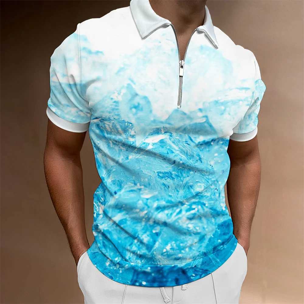 Mens Fashion Polo Shirts 2022 Summer Glacier Pattern Zipper Mens Polo Shirt Solid T-shirt Brand Short-sleeved Shirt Casual Tops XJ250605