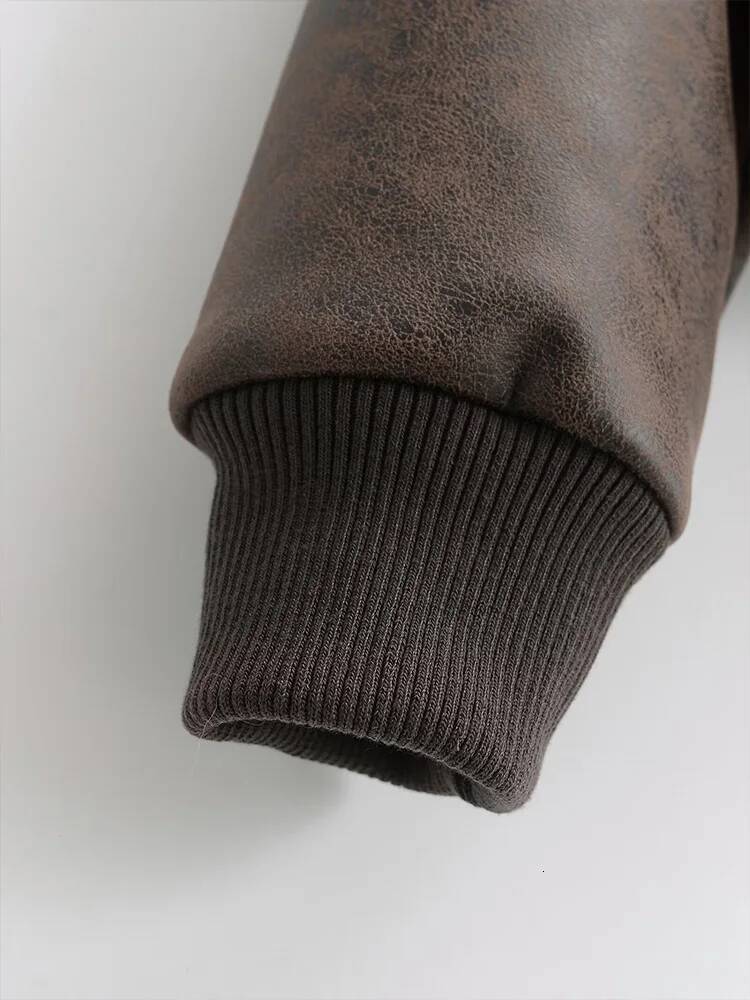 2025 Autumn And Winter New Lapel Pocket Decoration Loose Faux Leather Bomber Jacket Short Coat Women