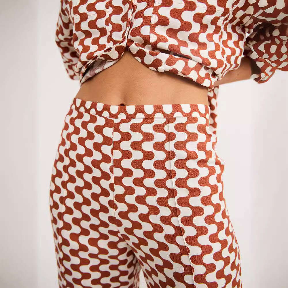 Women's New Fashion Casual Geometric Print Pocket Top Cardigan Flared Pants Set B5